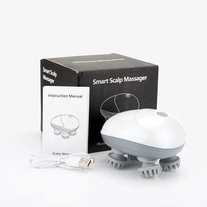 A white Waterproof Multi-Use Electric Head and Body Massager is displayed alongside its packaging box, with a black background. The massager has a rounded body with multiple massage heads and a USB charging cable is included.